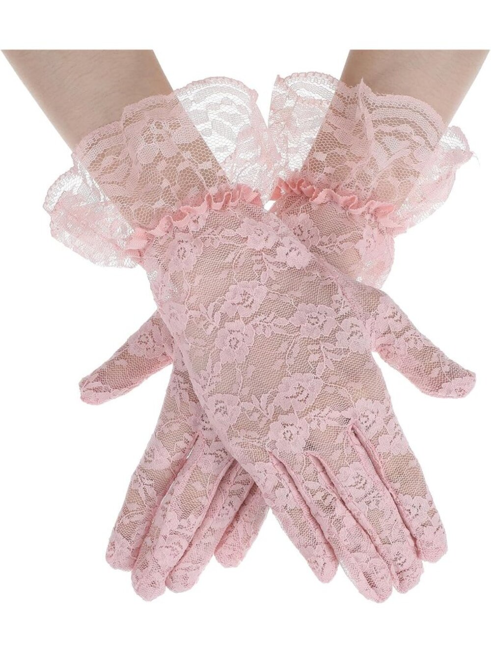Womens Pink Short Ruffled Wrist Cuffs Floral Lace Vintage Style Opera Gloves